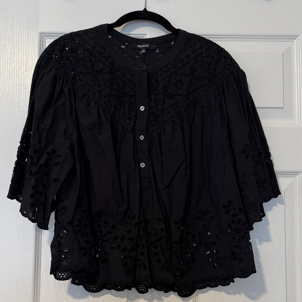 Madewell Black Eyelet Blouse Women Size L